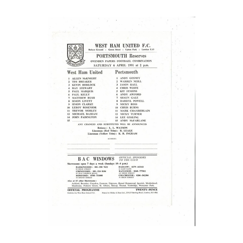 West Ham United v Portsmouth Football Combination Programme 1990/91