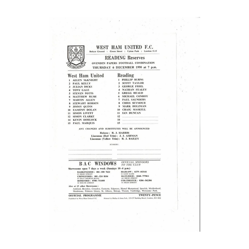 West Ham United v Reading Football Combination Programme 1990/91
