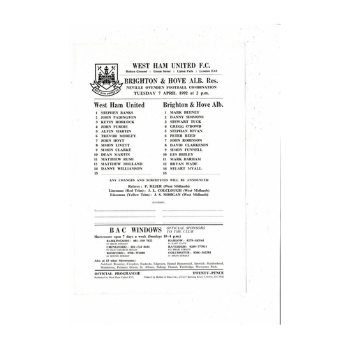 West Ham United v Brighton Football Combination Programme 1991/92
