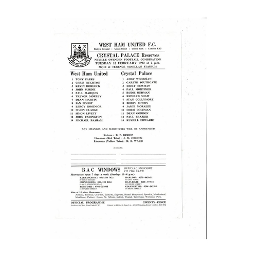 West Ham United v Crystal Palace Football Combination Programme 1991/92