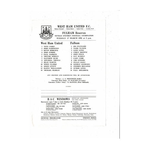 West Ham United v Fulham Football Combination Programme 1991/92