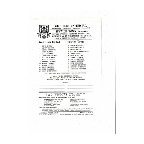 West Ham United v Ipswich Town Football Combination Programme 1991/92
