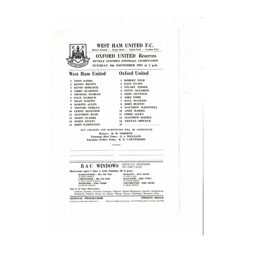West Ham United v Oxford United Football Combination Programme 1991/92