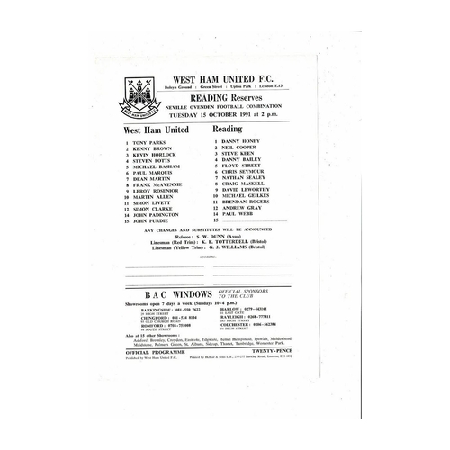 West Ham United v Reading Football Combination Programme 1991/92