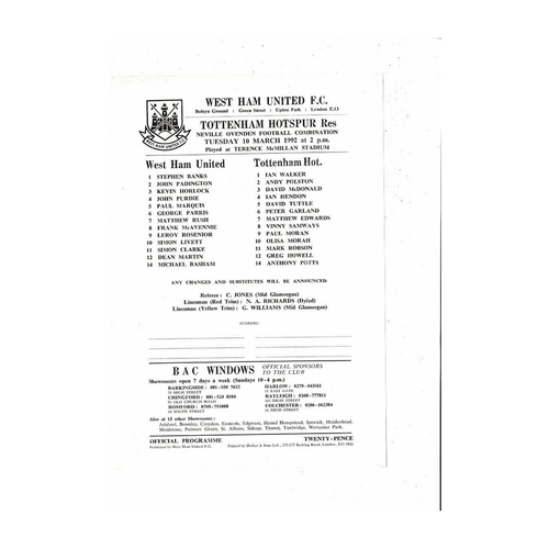 West Ham United v Tottenham Hotspur Football Combination Programme 1991/92