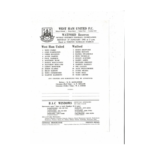 West Ham United v Watford Football Combination Programme 1991/92