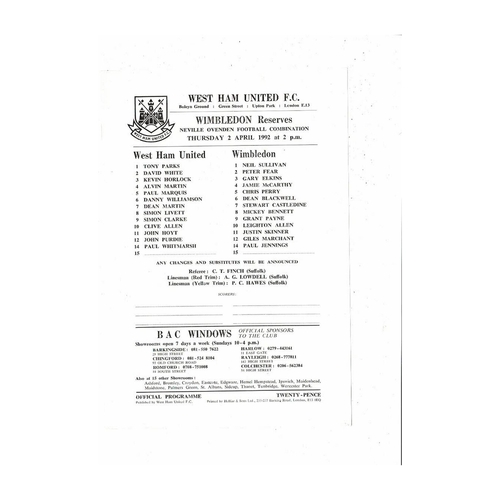 West Ham United v Wimbledon Football Combination Programme 1991/92 April
