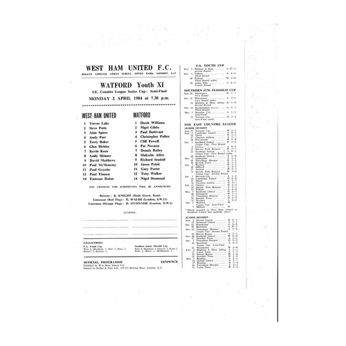 West Ham United v Watford South East Counties Senior Cup Semi Final Football Programme 1983/84