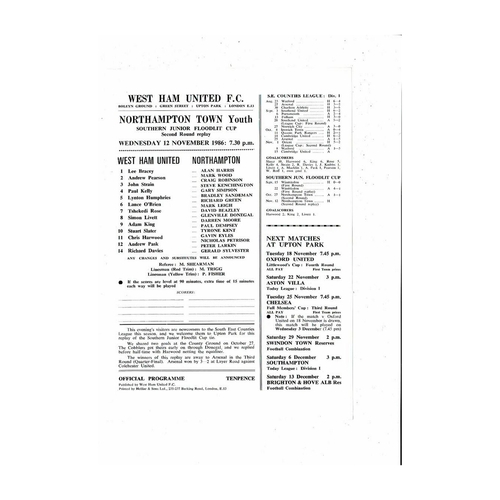 West Ham United v Northampton Town Southern Junior Floodlit Cup Football Programme 1986/87