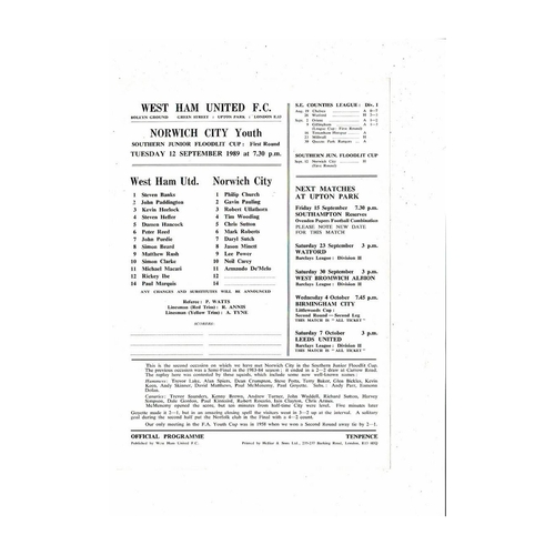 West Ham United v Norwich City Southern Junior Floodlit Cup Football Programme 1989/90