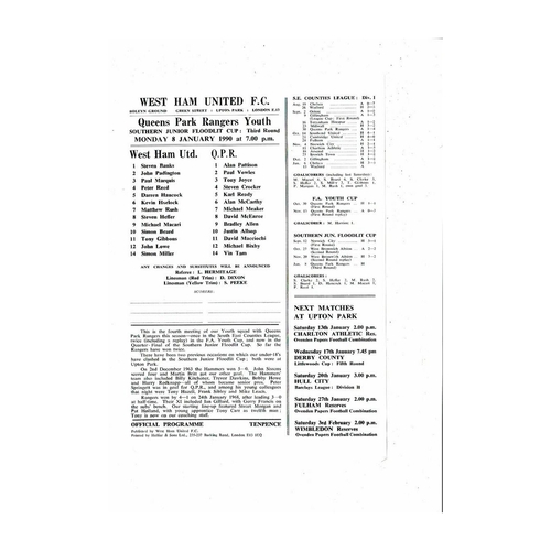 West Ham United v Queens Park Rangers Southern Junior Floodlit Cup Football Programme 1989/90