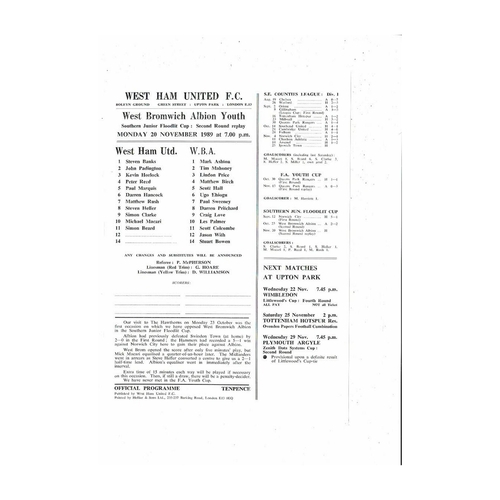 West Ham United v West Bromwich Albion Southern Junior Floodlit Cup Replay Football Programme 1989/90