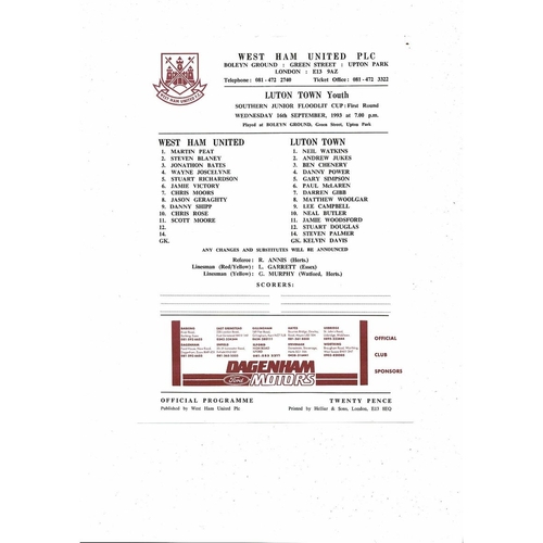 West Ham United v Luton Town Southern Junior Cup Football Programme 1993/94