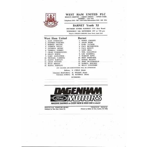 West Ham United v Barnet Southern Junior Cup Football Programme 1997/98