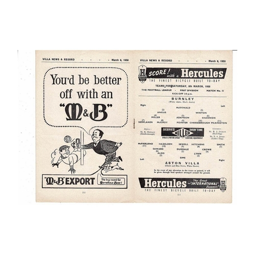 1957/58 Aston Villa v Burnley Football Programme