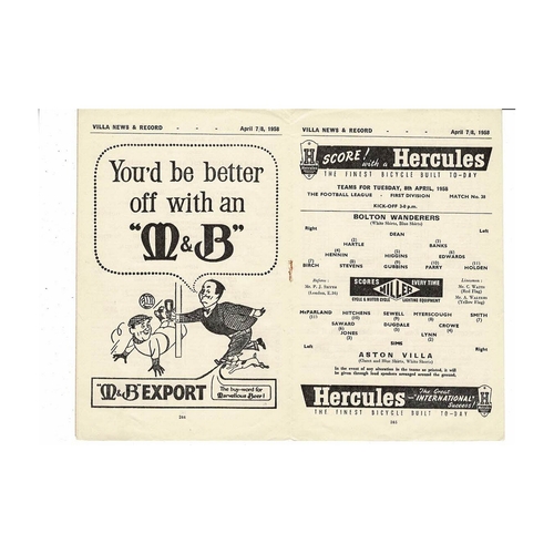 1957/58 Aston Villa v Bolton Wanderers Football Programme