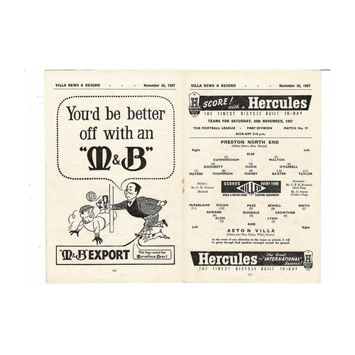 1957/58 Aston Villa v Preston Football Programme