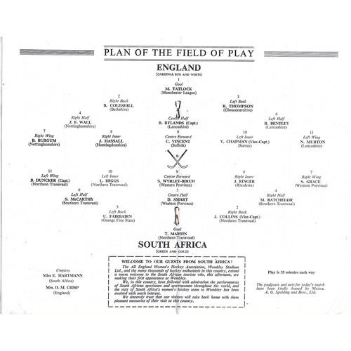 1959 England v South Africa Women’s International Hockey Programme