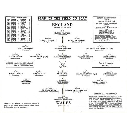 1969 England v Wales Women’s International Hockey Programme
