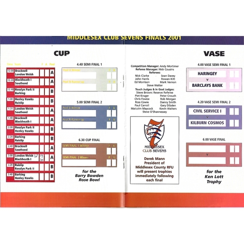 2001 Middlesex Club Sevens Rugby Union Programme