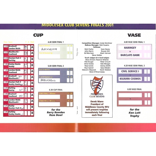 2001 Middlesex Club Sevens Rugby Union Programme & Match Ticket