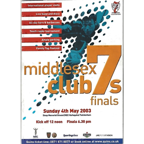 2003 Middlesex Club Sevens Rugby Union Programme & Match Ticket