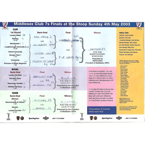 2003 Middlesex Club Sevens Rugby Union Programme & Match Ticket