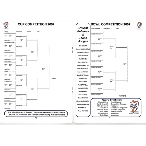 2007 Middlesex Club Sevens Rugby Union Programme & Car Park Pass