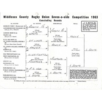 1963 Middlesex Sevens Rugby Union Programme