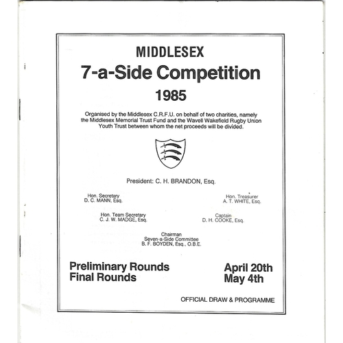 1985 Middlesex Sevens Preliminary Rounds Rugby Union Programme