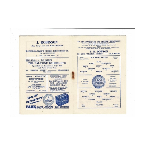 1953/54 Blackburn Rovers v Fulham Football Programme