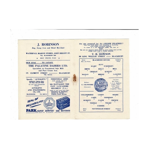 1953/54 Blackburn Rovers v Nottingham Forest Football Programme