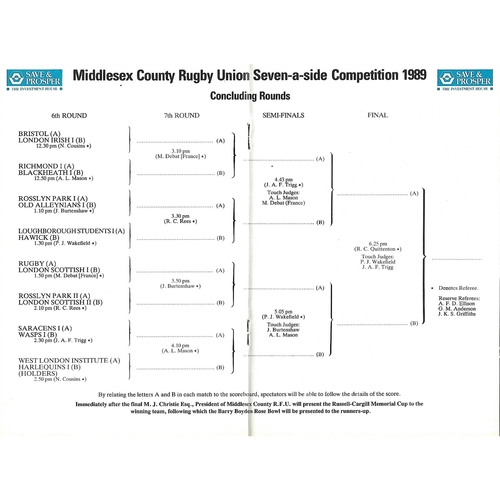 1989 Middlesex Sevens Rugby Union Programme