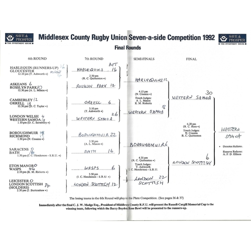 1992 Middlesex Sevens Rugby Union Programme & Match Ticket