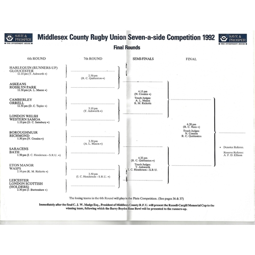 1992 Middlesex Sevens Rugby Union Programme