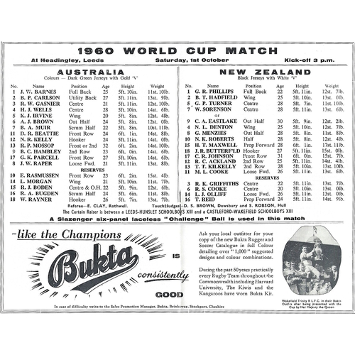 1960 Australia v New Zealand Rugby League World Cup Programme & Match Ticket