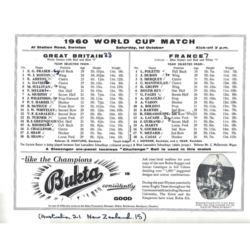 1960 Great Britain v France Rugby League World Cup Programme
