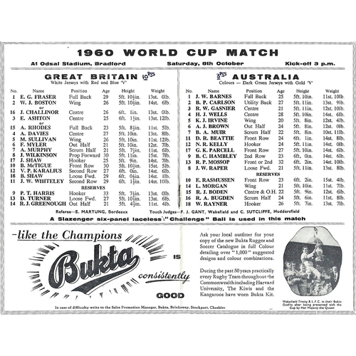 1960 Great Britain v Australia Rugby League World Cup Programme