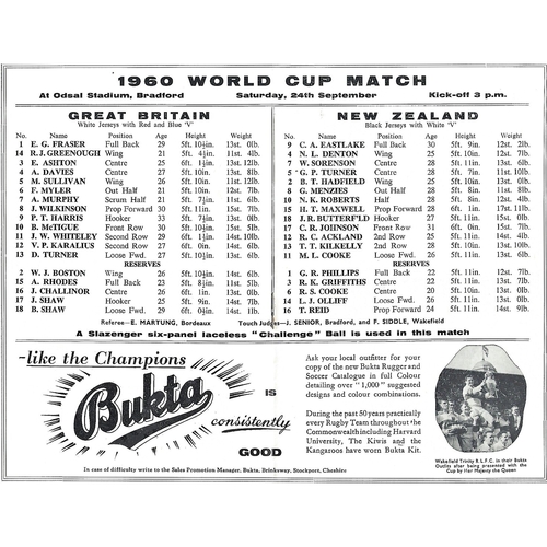 1960 Great Britain v New Zealand Rugby League World Cup Programme