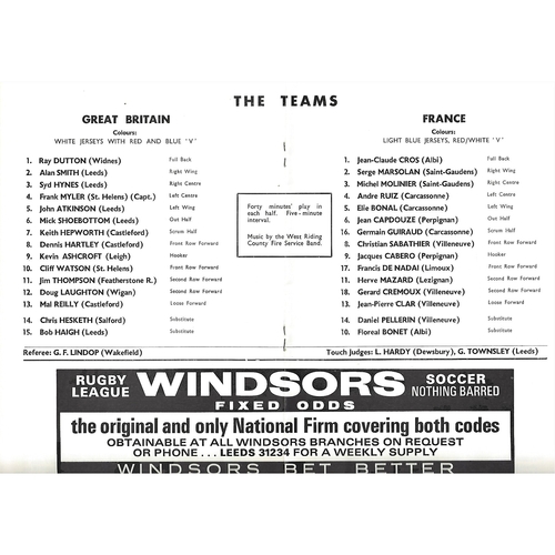 1970 Great Britain v France Rugby League World Cup Programme