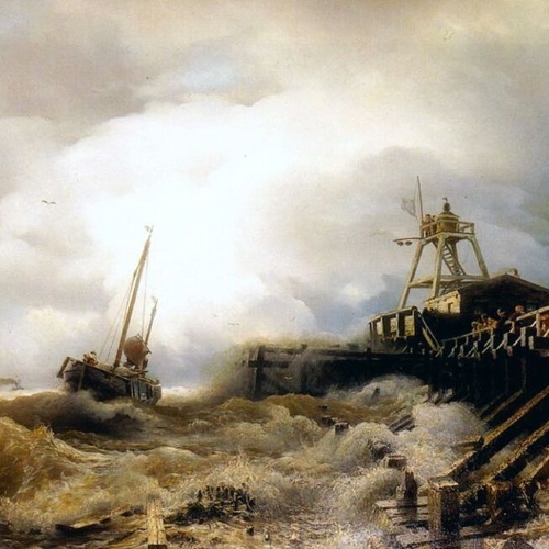 A Fishing Boat Caught in a Squall off a Jetty