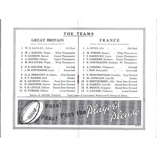 1957 Great Britain v France Rugby League Programme