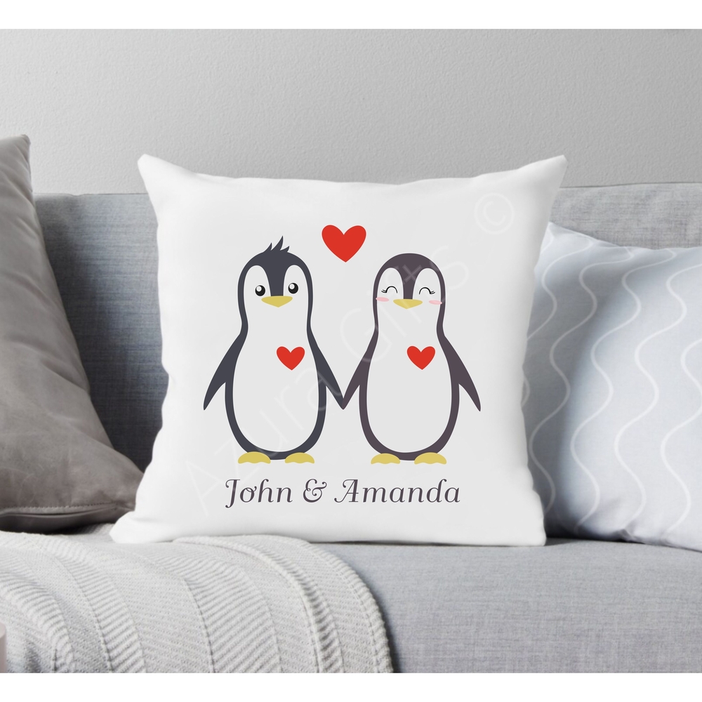 Penguin Love Cushion with Personalised Names
