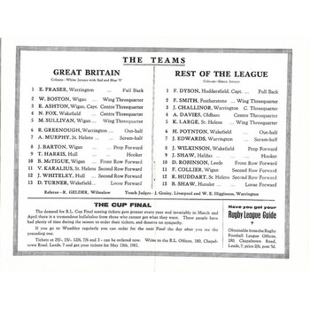 1960 Great Britain v Rest of the League Rugby League Programme