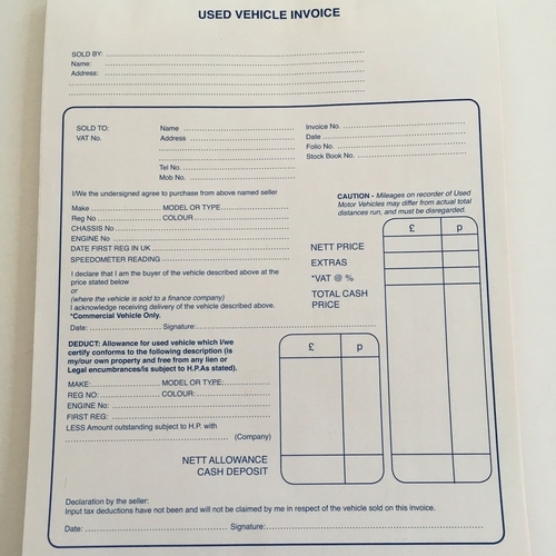 Used Vehicle Sales Invoice Pad