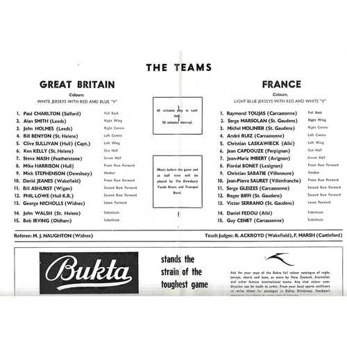 1972 Great Britain v France Rugby League Programme & Team Sheet Match Ticket