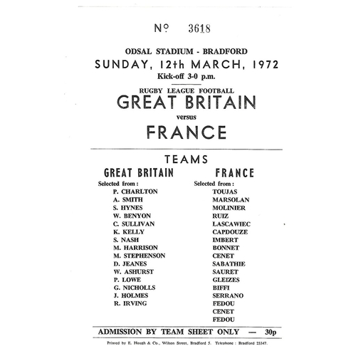 1972 Great Britain v France Rugby League Programme & Team Sheet Match Ticket