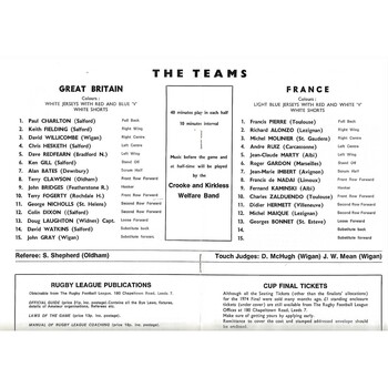 1974 Great Britain v France Rugby League Programme