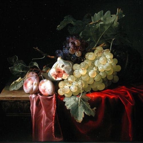 A Still-Life with Grapes, Plums, Figs and a Melon on a Partly Draped Stone Ledge