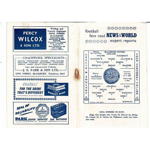 1956/57 Blackburn Rovers v Barnsley Football Programme